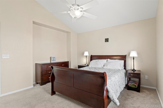 4426 Crow Creek Dr, Colorado Springs, CO 80922 - bedroom featuring light carpet, vaulted ceiling, baseboards, and a ceiling fan