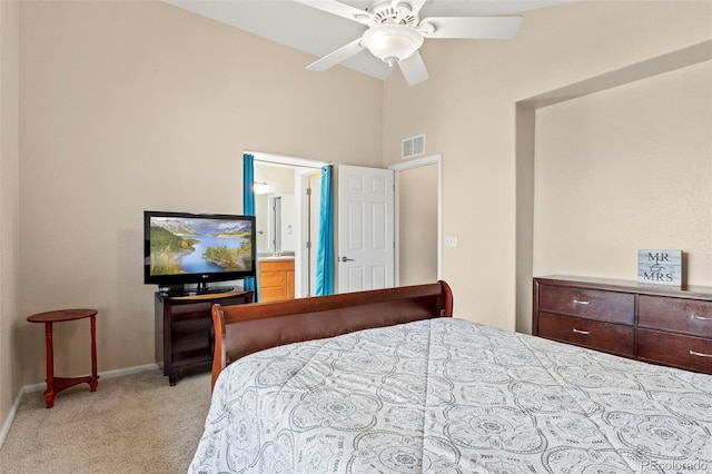 4426 Crow Creek Dr, Colorado Springs, CO 80922 - bedroom with light colored carpet, baseboards, a high ceiling, and ceiling fan