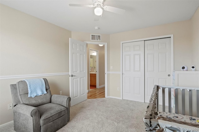 4426 Crow Creek Dr, Colorado Springs, CO 80922 - bedroom with carpet floors, a closet, baseboards, and a ceiling fan