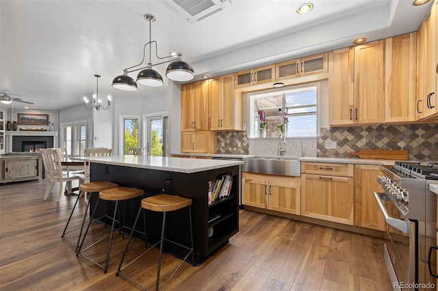 2370 W 152nd Ave, Broomfield, CO 80023 - kitchen featuring stainless steel stove, a lit fireplace, tasteful backsplash, a center island, and open floor plan