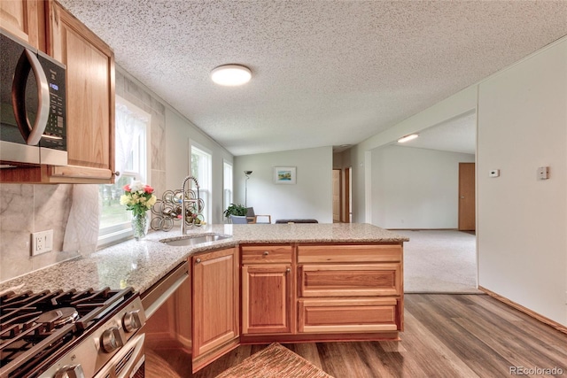 910 W Main St, Buena Vista, CO 81211 - kitchen featuring appliances with stainless steel finishes, a peninsula, wood finished floors, a textured ceiling, and light stone countertops