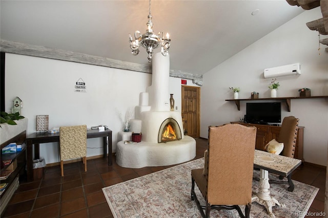 tiled dining area with a notable chandelier, a wall mounted AC, and vaulted ceiling