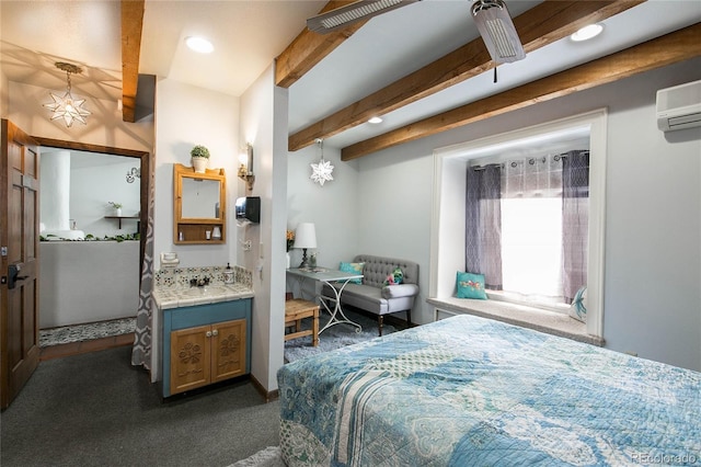 bedroom featuring beamed ceiling, sink, dark carpet, and a wall unit AC