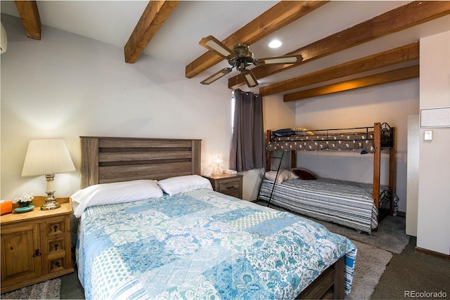 carpeted bedroom with beam ceiling and ceiling fan