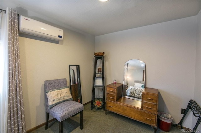 living area with dark carpet and an AC wall unit