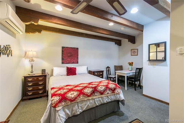 bedroom with a wall mounted air conditioner, beam ceiling, and carpet