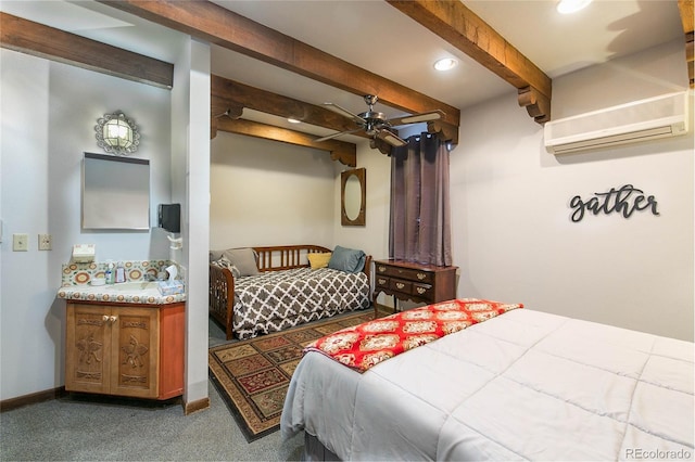 bedroom with carpet flooring, ceiling fan, beamed ceiling, and an AC wall unit