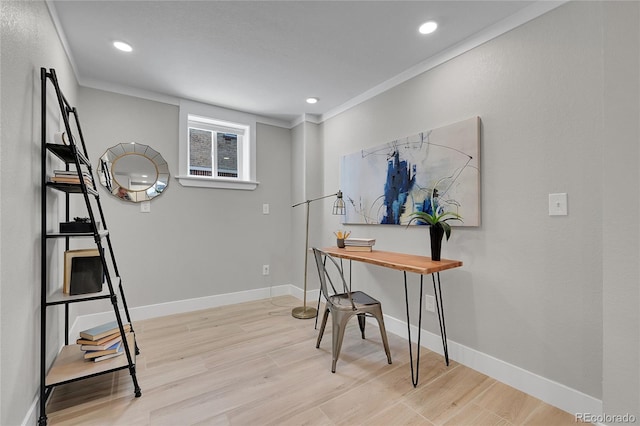 office space with crown molding, recessed lighting, baseboards, and wood finished floors