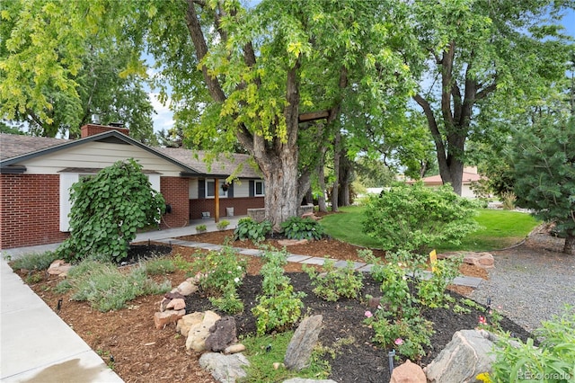 view of front of property featuring a front yard, brick siding, and roof with shingles