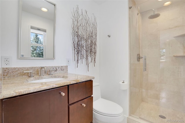 bathroom featuring a shower stall, vanity, and toilet