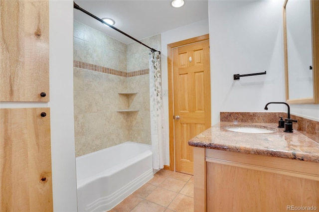 full bathroom with vanity, tile patterned flooring, and shower / tub combo with curtain