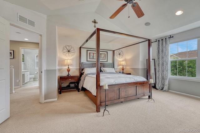 5625 S Buchanan St, Aurora, CO 80016 - bedroom featuring light carpet, vaulted ceiling, baseboards, recessed lighting, and ceiling fan