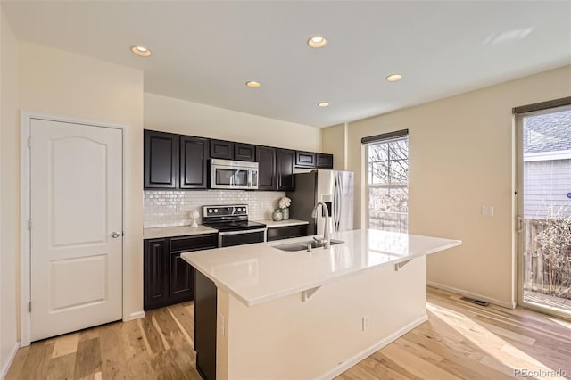 kitchen with an island with sink, appliances with stainless steel finishes, sink, and a breakfast bar