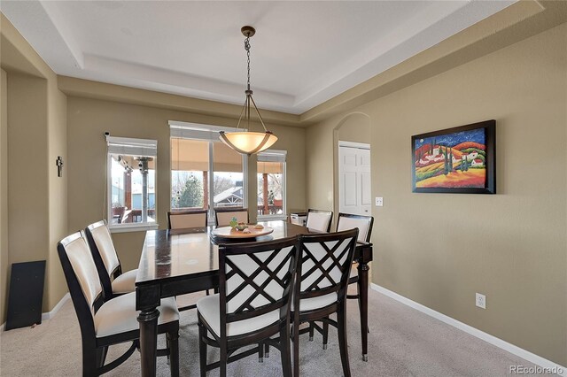 carpeted dining area featuring a raised ceiling