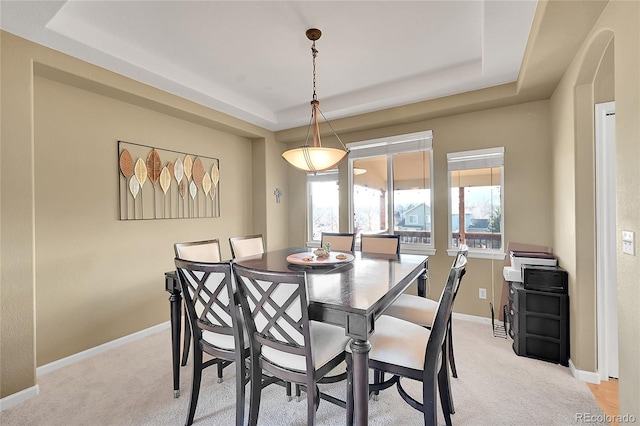 carpeted dining room featuring a tray ceiling