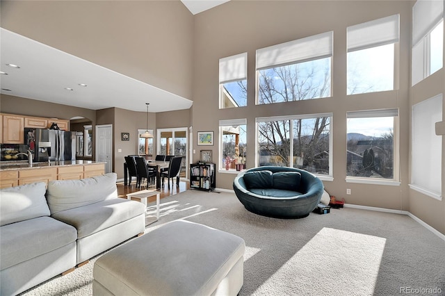 living room with a high ceiling and light colored carpet