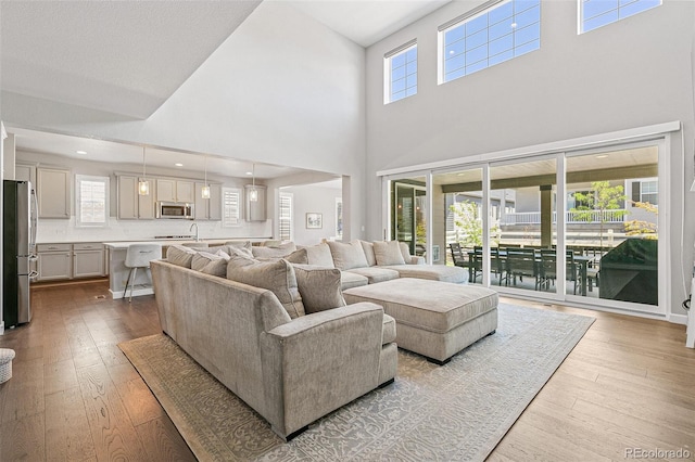 living room with plenty of natural light, a towering ceiling, and light hardwood / wood-style flooring