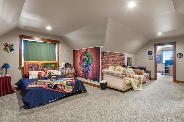 carpeted bedroom featuring lofted ceiling, baseboards, and recessed lighting