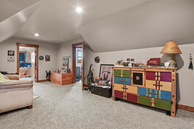 game room with carpet, vaulted ceiling, baseboards, and recessed lighting