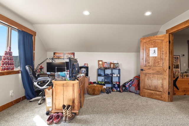 office space with lofted ceiling, carpet flooring, and recessed lighting