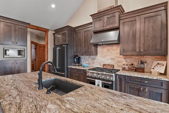 5800 Elk View Ct, Larkspur, CO 80118 - kitchen featuring high quality appliances, a sink, ventilation hood, decorative backsplash, and vaulted ceiling