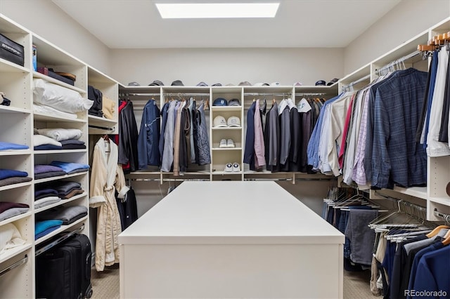 walk in closet with carpet flooring and a skylight