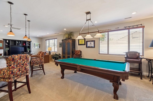 playroom with light colored carpet, recessed lighting, pool table, and visible vents