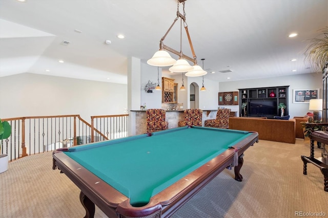 game room with recessed lighting, pool table, light colored carpet, and a bar