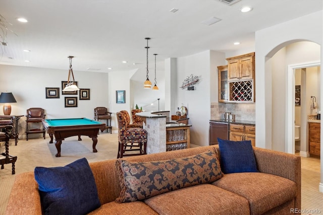 rec room featuring pool table, recessed lighting, wet bar, and light colored carpet