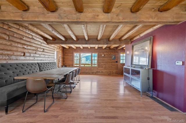 660 Wagon Wheel Rd, Guffey, CO 80820 - dining area featuring log walls, a wood ceiling with exposed beams, and wood finished floors