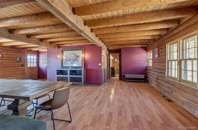 660 Wagon Wheel Rd, Guffey, CO 80820 - dining room featuring a wooden ceiling with exposed beams, rustic walls, and light wood finished floors