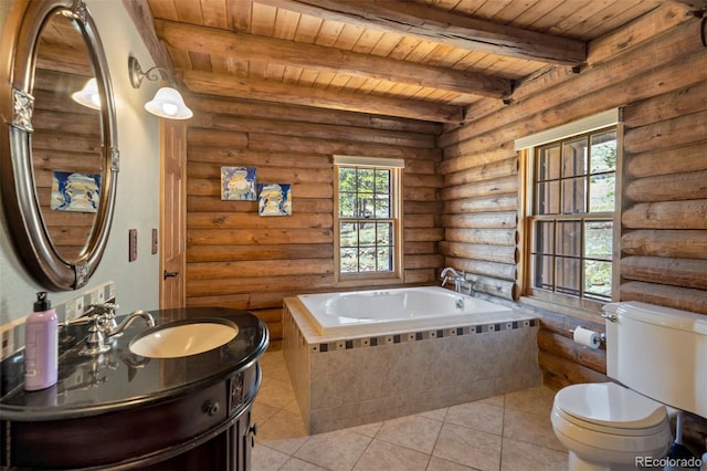 660 Wagon Wheel Rd, Guffey, CO 80820 - bathroom featuring vanity, a bath, a wooden ceiling with exposed beams, rustic walls, and tile patterned floors