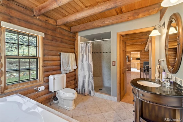 660 Wagon Wheel Rd, Guffey, CO 80820 - bathroom featuring rustic walls, a wood ceiling with exposed beams, vanity, a shower stall, and tile patterned floors