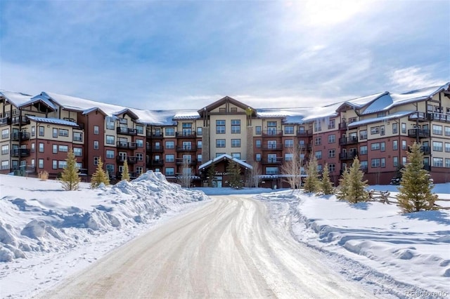 view of snow covered building