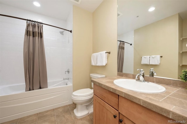 full bathroom featuring toilet, tile patterned floors, shower / bath combination with curtain, vanity, and recessed lighting