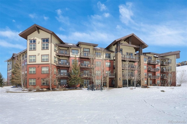 view of snow covered building