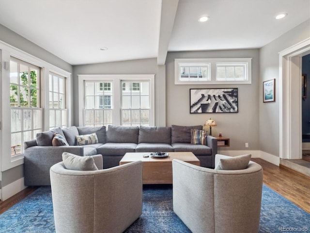 724 N Franklin St, Denver, CO 80218 - living room featuring baseboards, dark wood finished floors, recessed lighting, and beamed ceiling