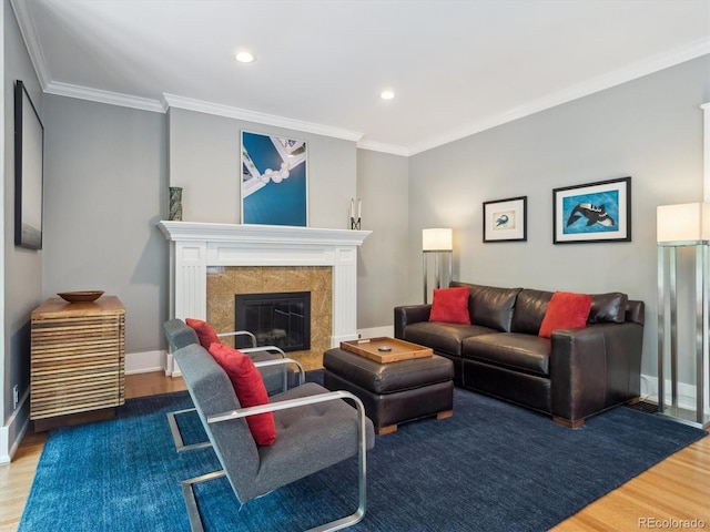 724 N Franklin St, Denver, CO 80218 - living room with wood finished floors, crown molding, a premium fireplace, baseboards, and recessed lighting