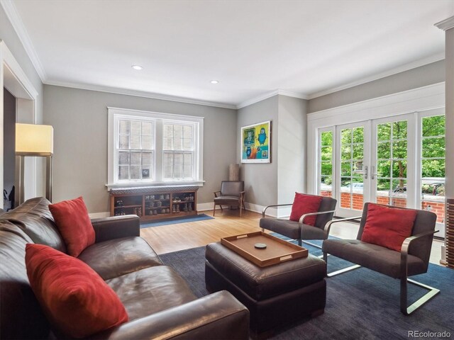 724 N Franklin St, Denver, CO 80218 - living room featuring plenty of natural light, wood finished floors, crown molding, baseboards, and recessed lighting