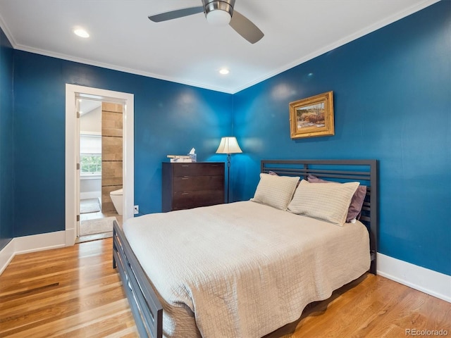 724 N Franklin St, Denver, CO 80218 - bedroom featuring baseboards, wood finished floors, ornamental molding, ensuite bathroom, and ceiling fan