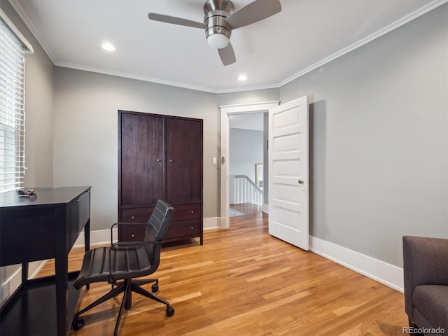 724 N Franklin St, Denver, CO 80218 - office with ceiling fan, baseboards, ornamental molding, light wood-style flooring, and recessed lighting