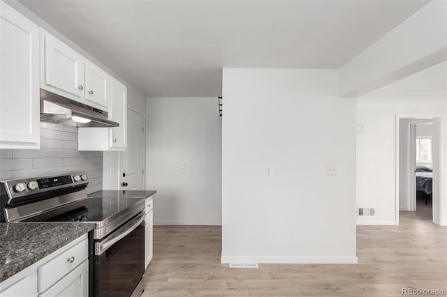 kitchen with white cabinetry, stainless steel electric range, light hardwood / wood-style flooring, and decorative backsplash