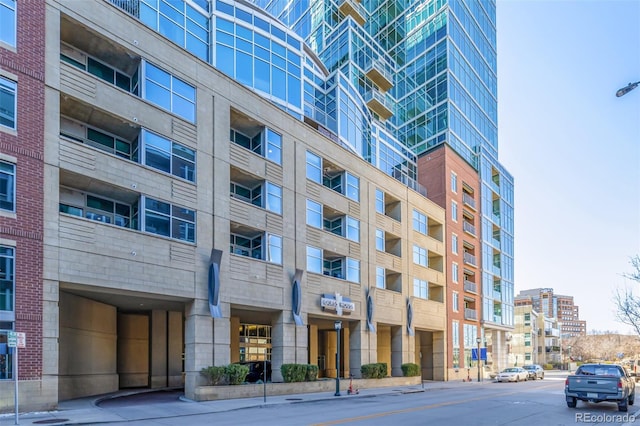 view of building exterior with a city view