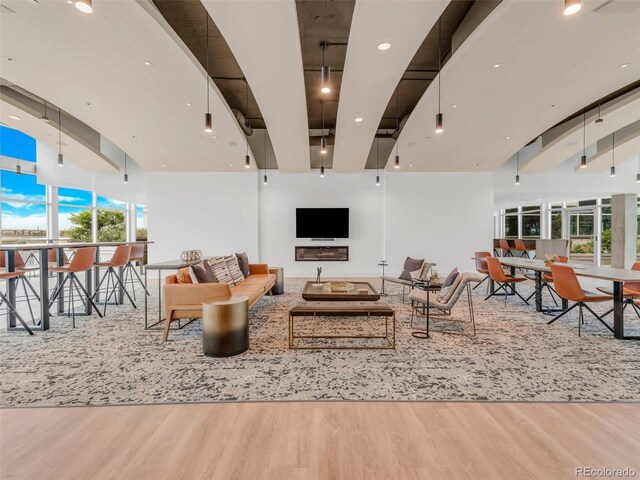 living area featuring a towering ceiling and wood finished floors