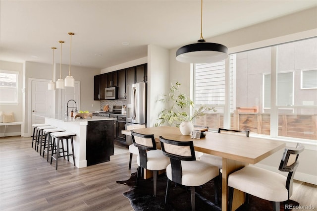 dining room featuring a wealth of natural light, baseboards, and light wood finished floors