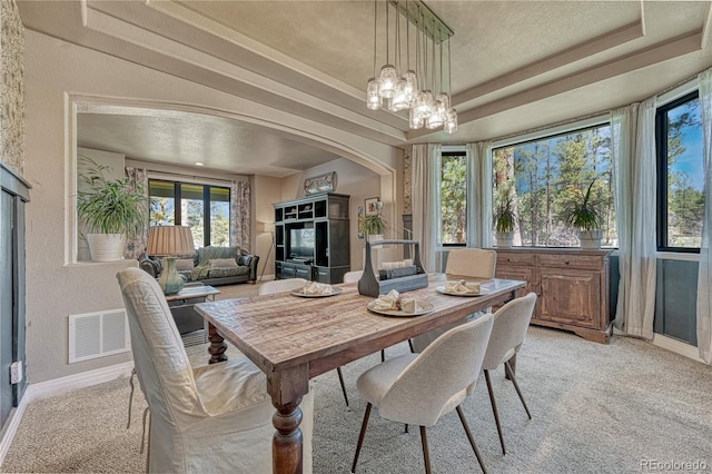 1410 Old Sequoia Ct, Franktown, CO 80116 - dining space with baseboards, a raised ceiling, light carpet, a textured ceiling, and arched walkways