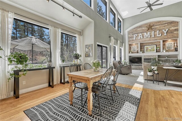 1410 Old Sequoia Ct, Franktown, CO 80116 - sunroom / solarium with wood finished floors, baseboards, a high ceiling, and a deck