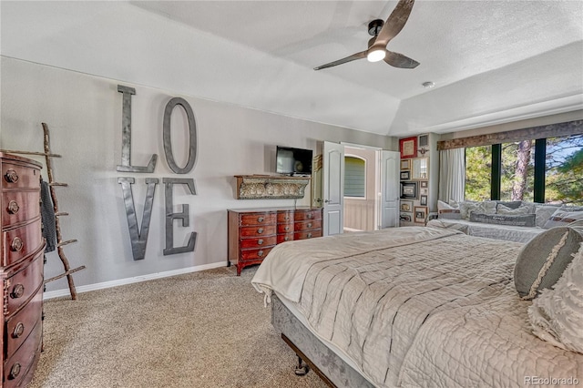1410 Old Sequoia Ct, Franktown, CO 80116 - bedroom featuring carpet, baseboards, lofted ceiling, and ceiling fan