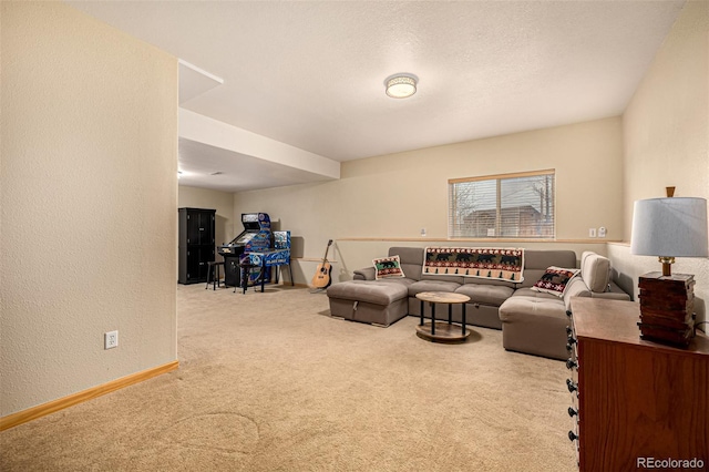 2418 Wells Fargo Cir, Jefferson, CO 80456 - carpeted living room featuring a textured wall, baseboards, and a textured ceiling