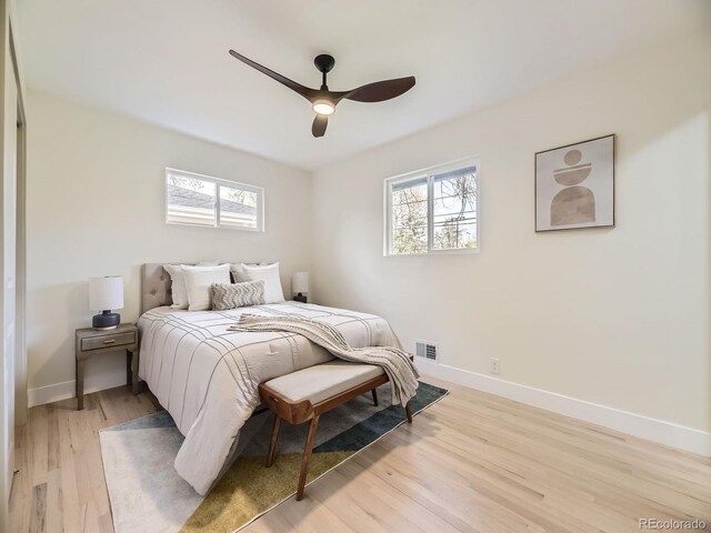 920 S Hudson St, Denver, CO 80246 - bedroom with multiple windows, light wood-style floors, baseboards, and a ceiling fan